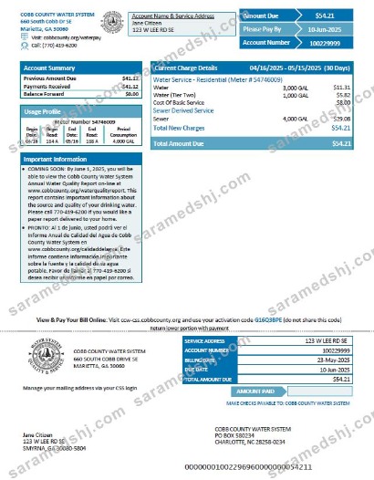 USA Cobb County Water System utility bill template in Word and PDF formats, version 2